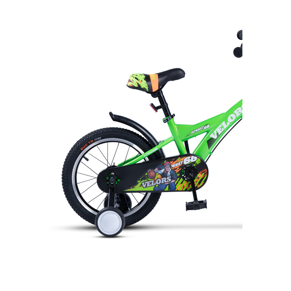 Detailaufnahme des Hardtail-Rahmens in Grün mit kindgerechtem Dekor.