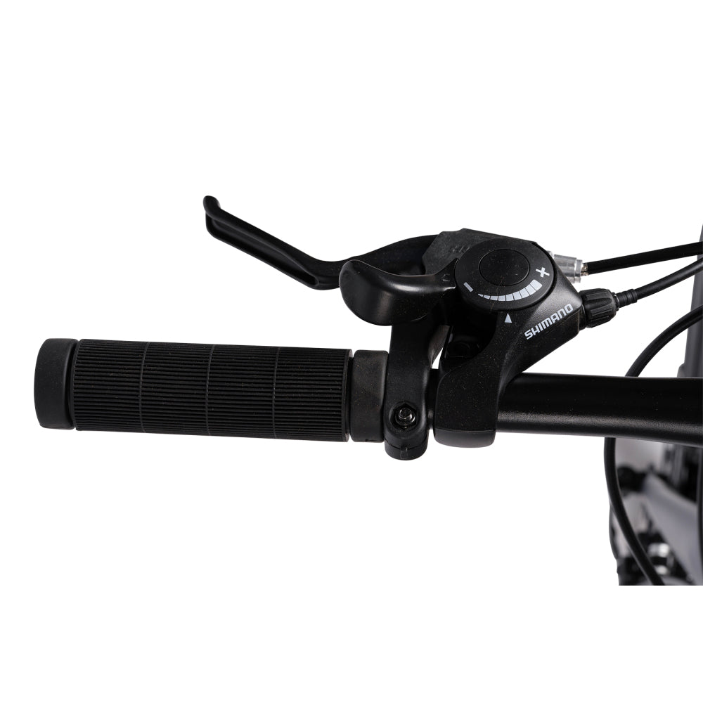 Detailaufnahme des Shimano Daumenschalters am rechten Lenkergriff.