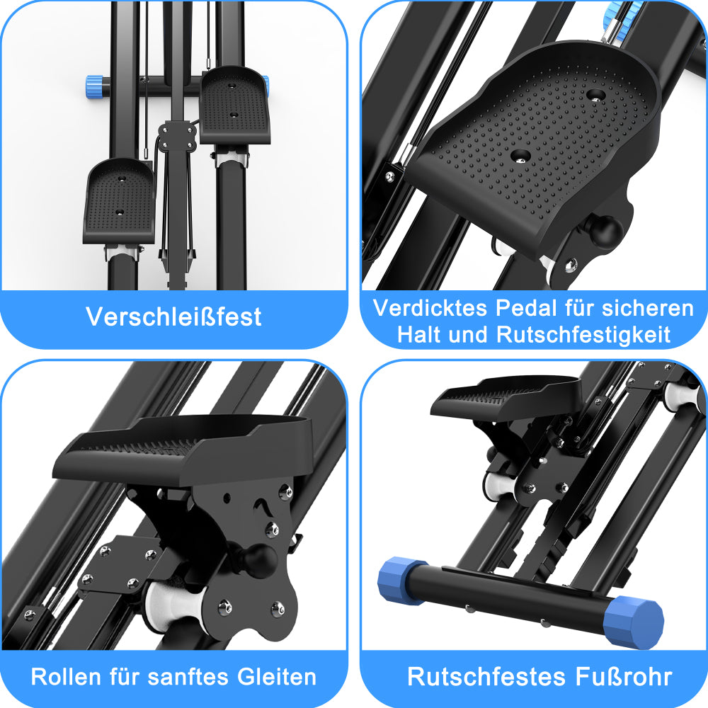 Details: Leise Laufrollen und rutschfeste Pedale für sicheren Halt.