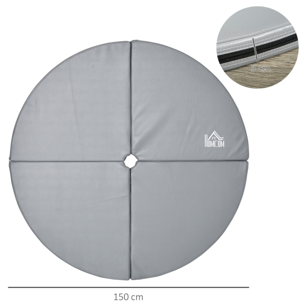 Draufsicht auf die Matte mit der zentralen Aussparung für die Pole-Stange und 150 cm Durchmesser-Angabe.