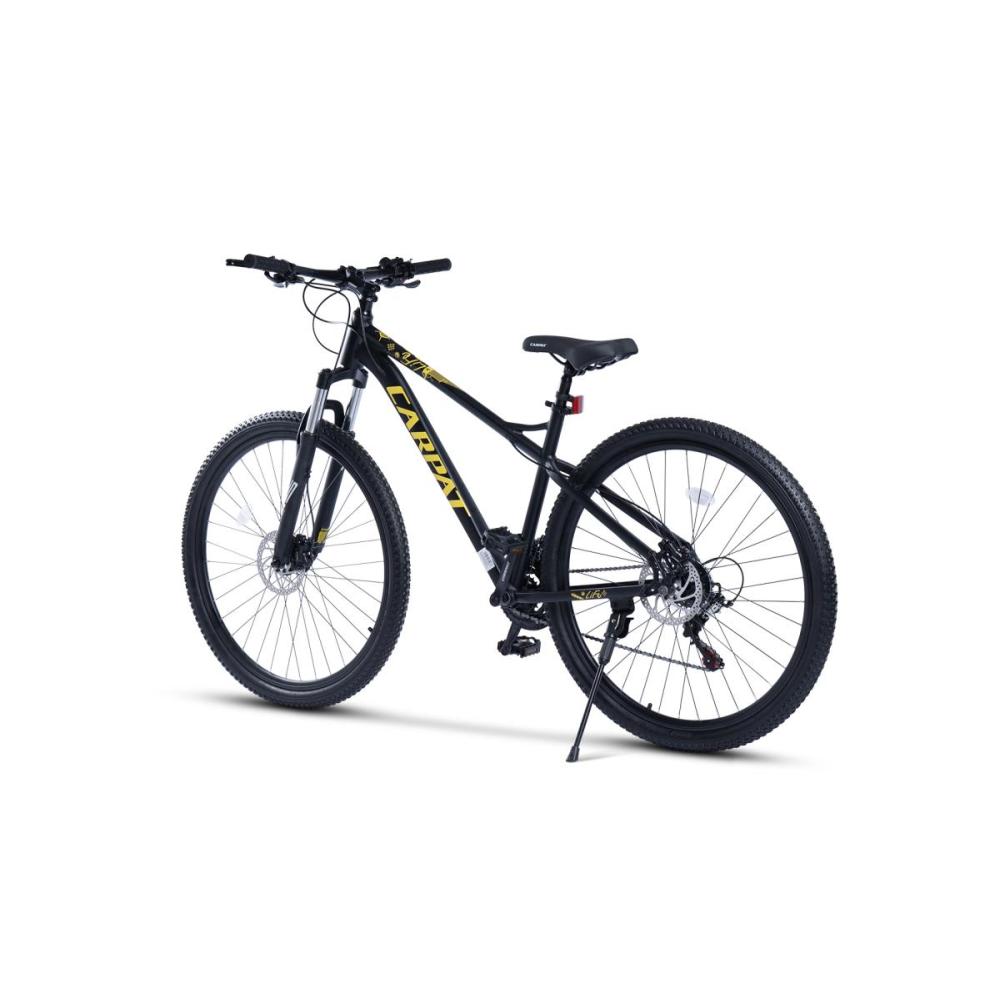 Dynamische Ansicht des schwarzen Mountainbikes, bereit für den Outdoor-Einsatz.