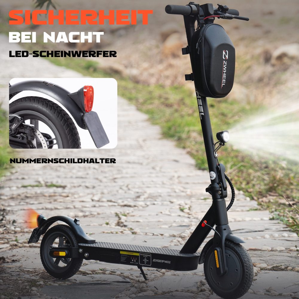 E-Scooter bei Nacht mit eingeschaltetem Frontscheinwerfer und Rücklicht.