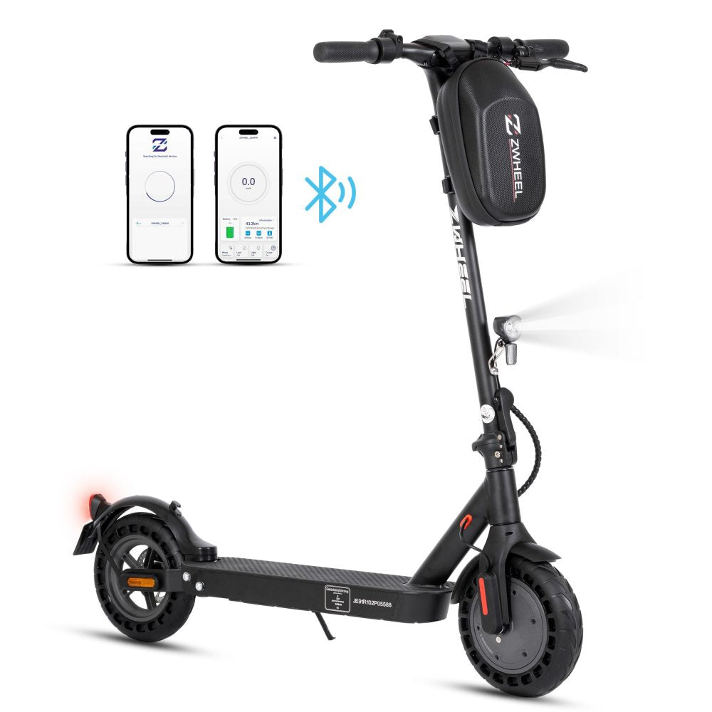 E-Scooter mit Symbolen für Bluetooth-Verbindung und App-Steuerung.