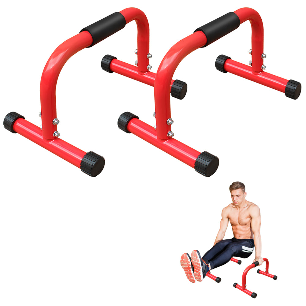Ein Paar rote Parallelbarren aus Stahl für Calisthenics mit schwarzen Polstergriffen und Gummifüßen.