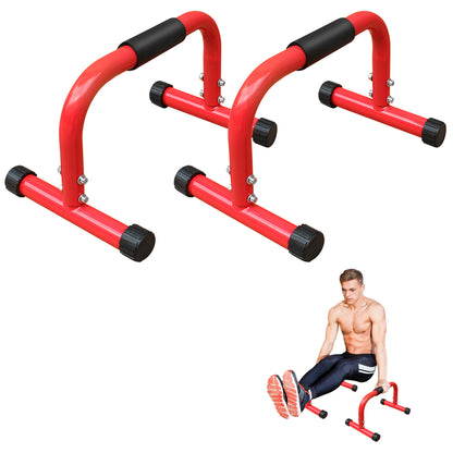 Ein Paar rote Parallelbarren aus Stahl für Calisthenics mit schwarzen Polstergriffen und Gummifüßen.
