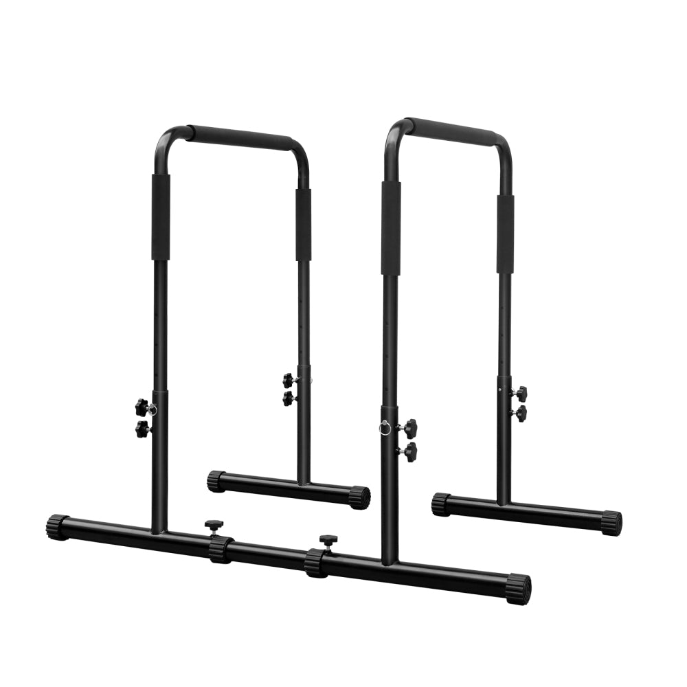 Ein Paar schwarze Dip-Bars aus robustem Stahl mit weichen Griffpolstern für das Home Gym.