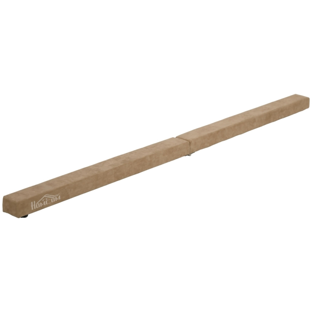 Ein langer, brauner Schwebebalken mit hochwertigem Wildlederbezug für professionelles Balancetraining zu Hause.