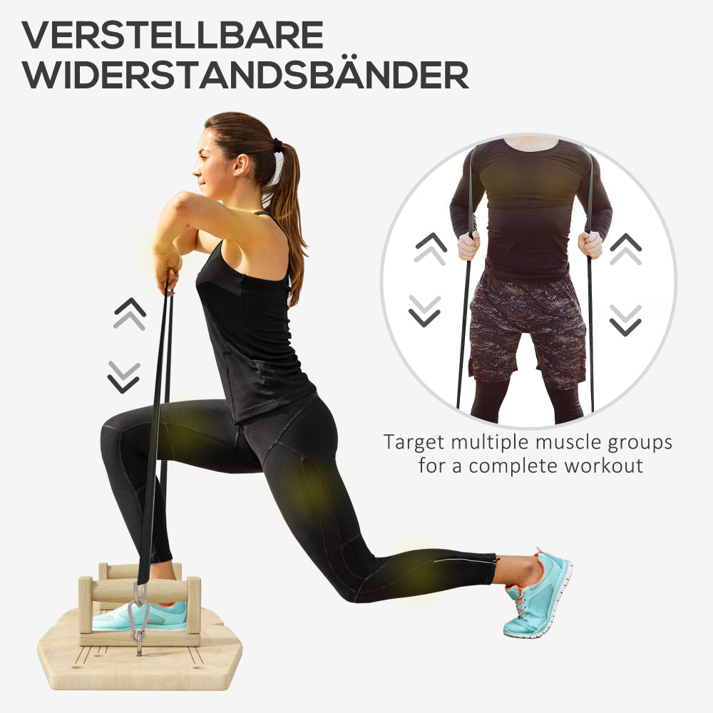 Eine Frau demonstriert Lunges mit den "verstellbaren Widerstandsbändern", die am Board befestigt sind.