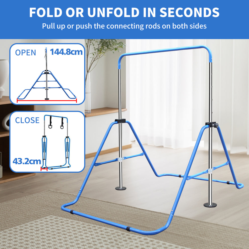 Einfacher Aufbau: Blaue Turnstange gefaltet und offen im Vergleich.