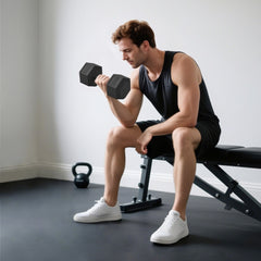 Einseitiges Training: Mann trainiert Bizeps mit einer 20kg Kurzhantel