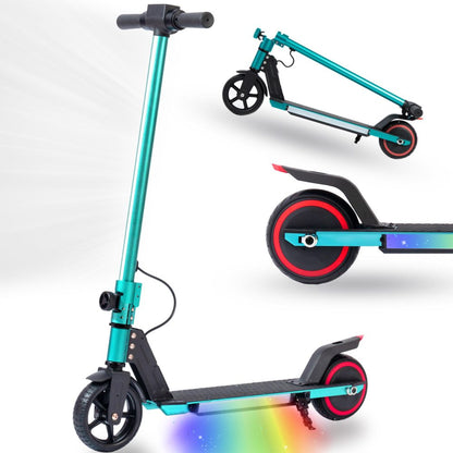 Elektrischer Kinderroller in Türkis-Grün, stehend und zusammengeklappt dargestellt.