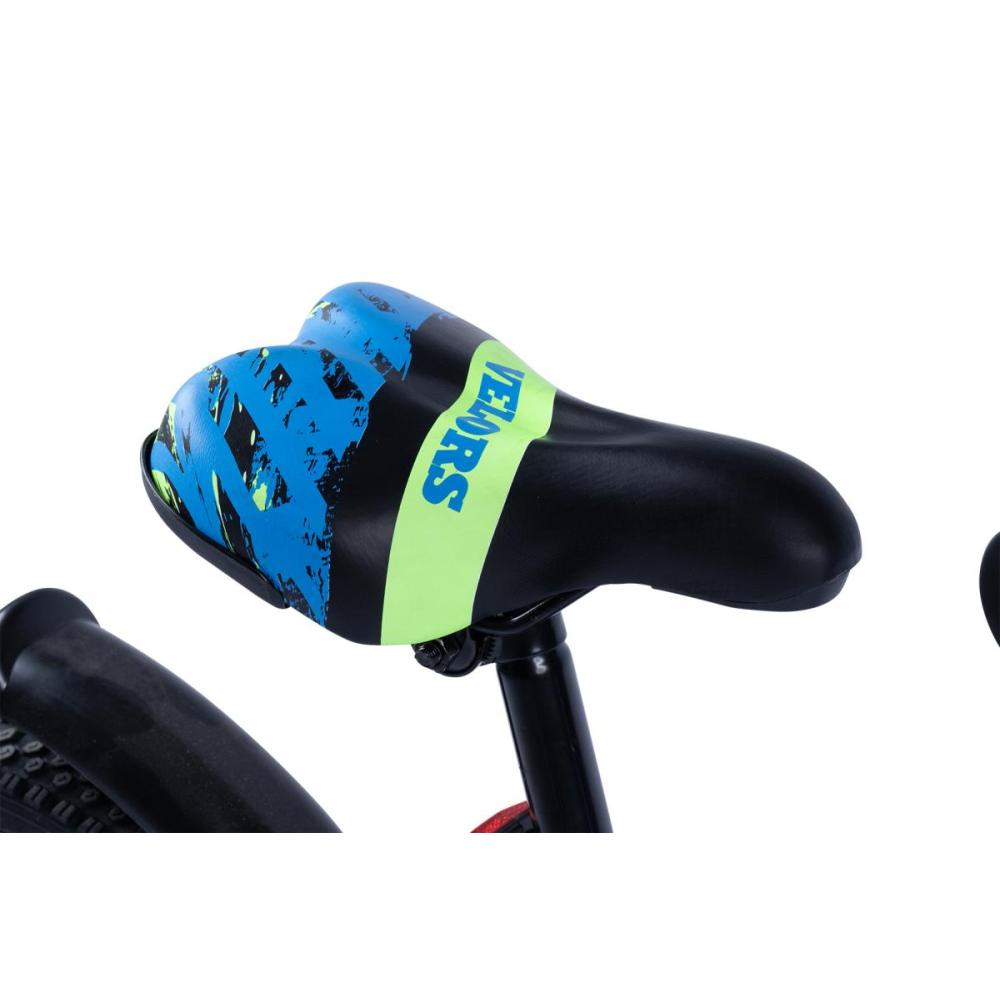 Ergonomisch gepolsterter Sattel mit blau-neongelbem Design für hohen Komfort.