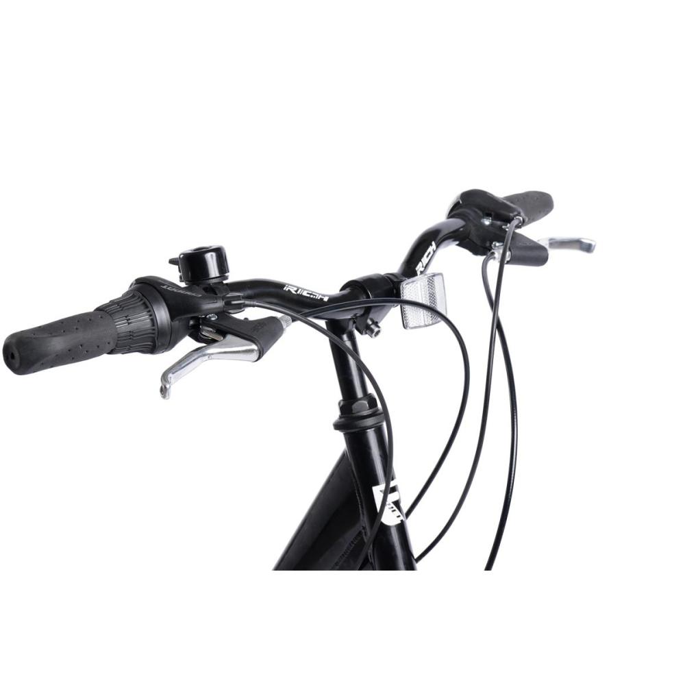 Ergonomischer, höhenverstellbarer Lenker mit Klingel und Schalthebeln.