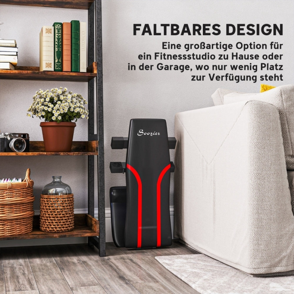 Faltbares Design: Die Hantelbank lässt sich flach zusammenklappen und platzsparend neben dem Sofa verstauen.