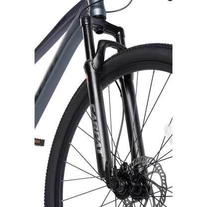 Federgabel-Detail mit 80mm Federweg und hydraulischer Scheibenbremse am grauen 29 Zoll Mountainbike