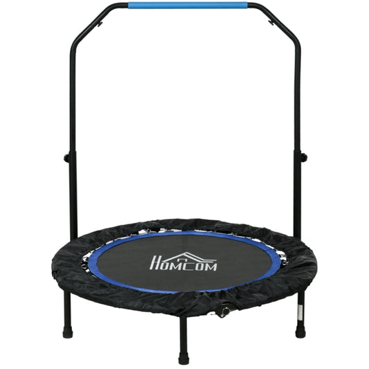 Fitness-Trampolin (Ø 102 cm) in Schwarz mit blauem Rand und U-Haltegriff auf weißem Hintergrund.