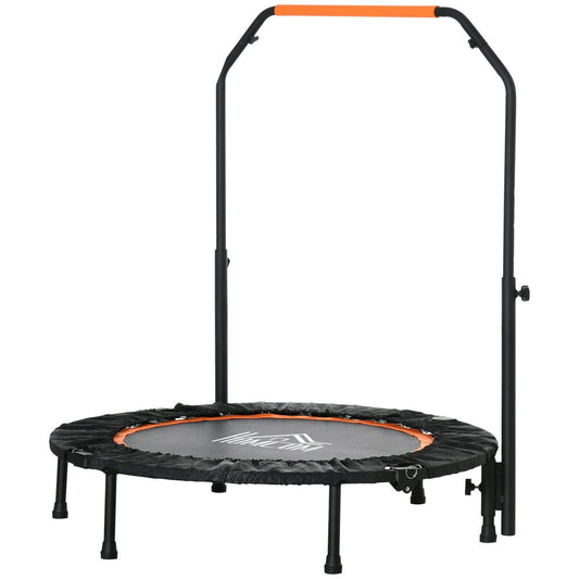 Fitness-Trampolin (Ø 102 cm) in Schwarz mit orangem Rand und U-Haltegriff auf weißem Hintergrund.
