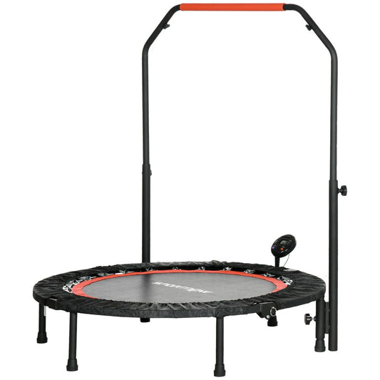 Fitness-Trampolin (Ø 102 cm) in Schwarz mit rotem Rand und Griff, inkl. LCD-Monitor.