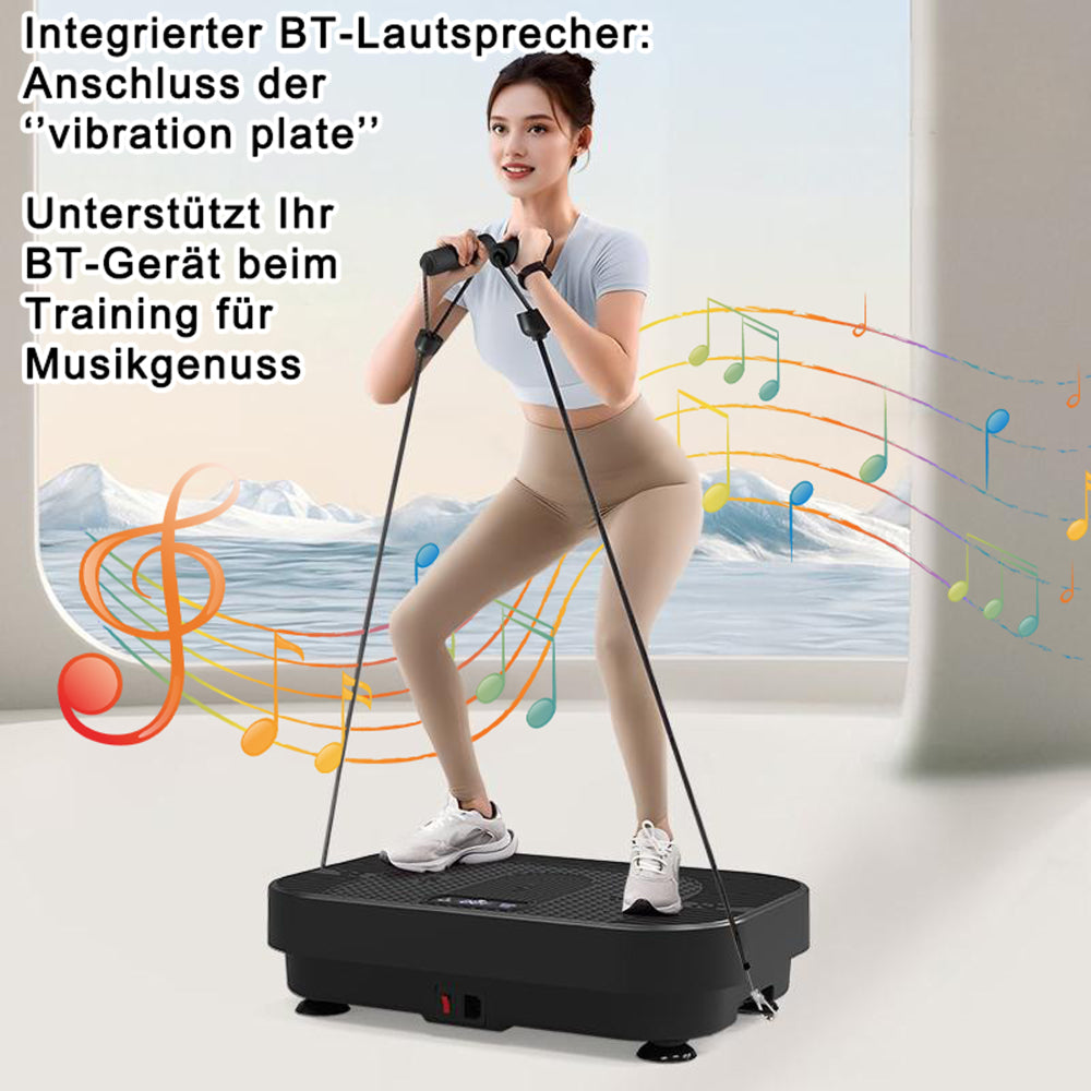 Frau beim Ganzkörpertraining mit Widerstandsbändern auf der schwarzen Vibrationsplatte