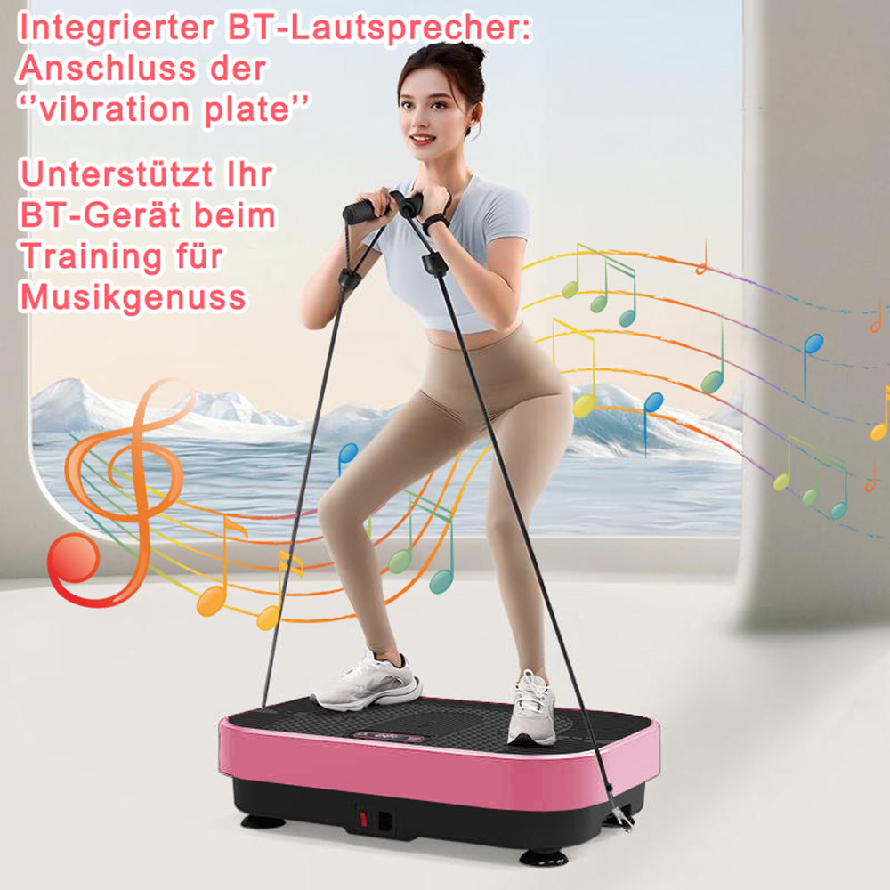 Frau beim Kniebeugen-Training auf der pinken Rüttelplatte