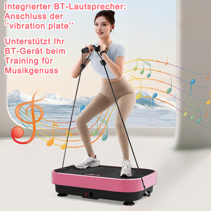 Frau beim Kniebeugen-Training auf der pinken Rüttelplatte