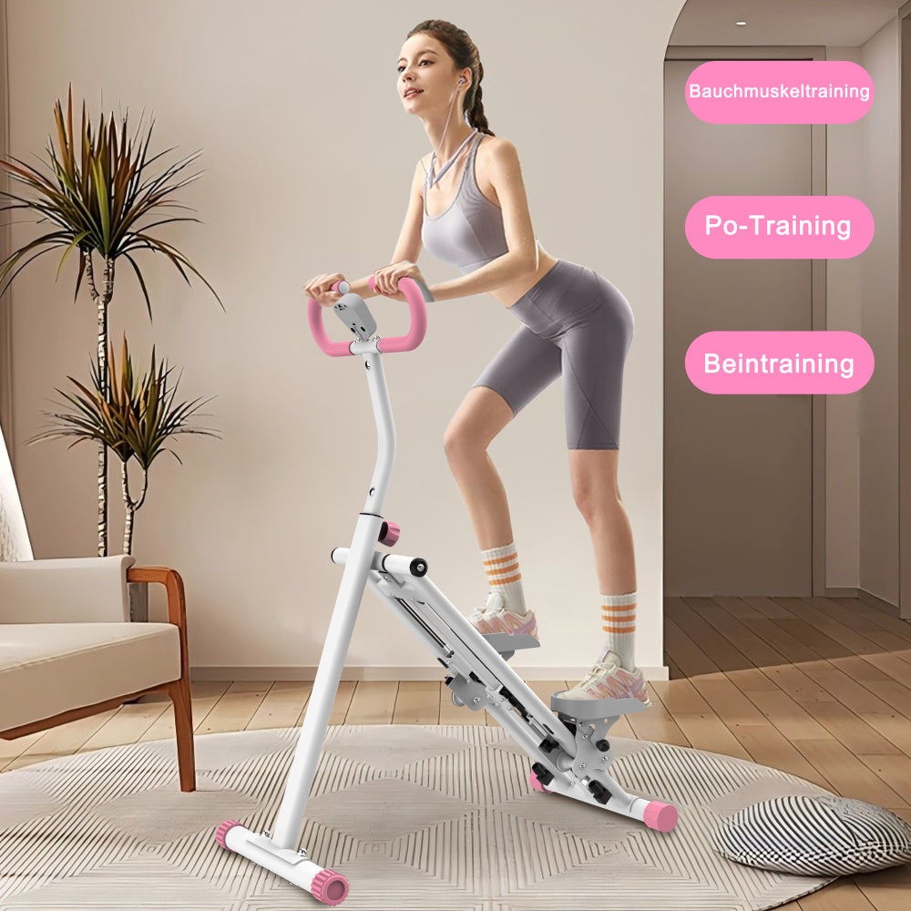 Frau in Sportkleidung beim Training auf dem weiß-rosa Modell.