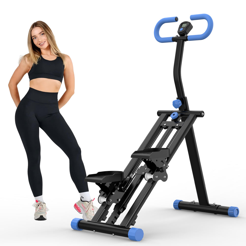Frau in Sportkleidung steht neben dem schwarz-blauen Stair Stepper (Hauptbild).