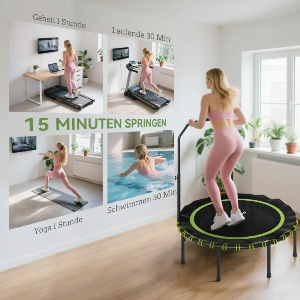 Frau nutzt das Trampolin; daneben Infografik "15 Minuten Springen" vs. Schwimmen.