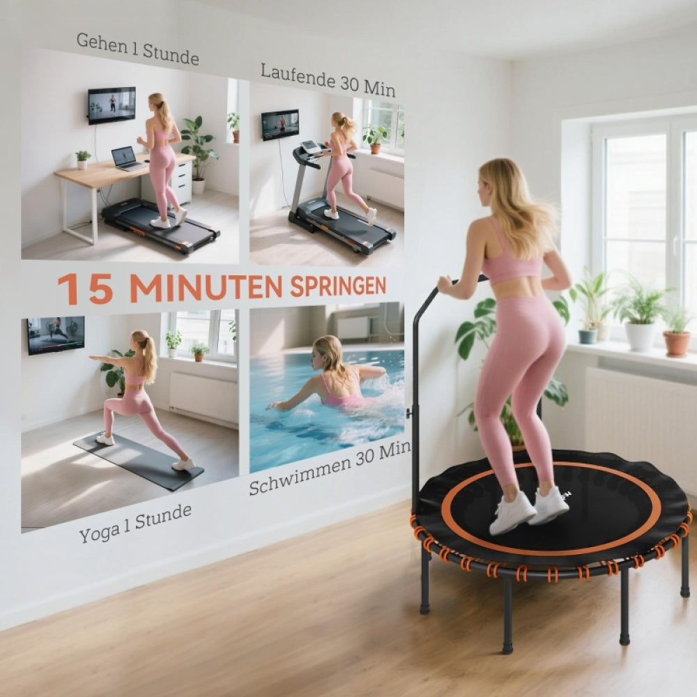 Frau nutzt das Trampolin; daneben Infografik "15 Minuten Springen" vs. Schwimmen.