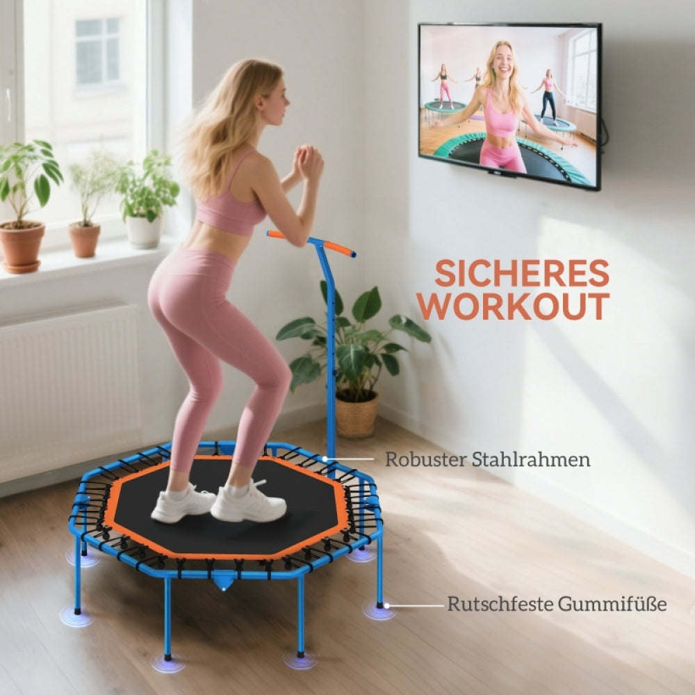 Frau nutzt das Trampolin vor dem Fernseher ("Sicheres Workout").