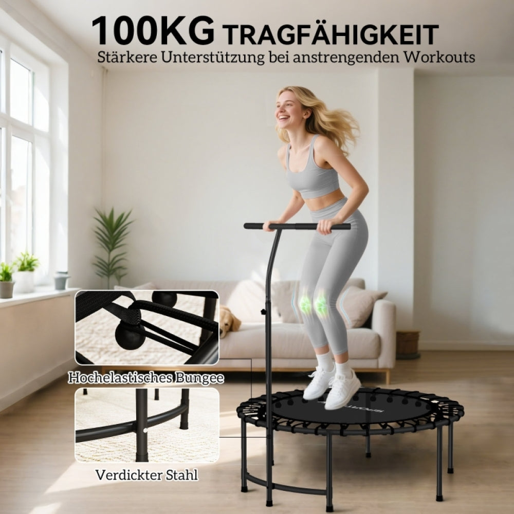 Frau springt dynamisch; Text "100KG Tragfähigkeit" und Detail der stabilen Beine.