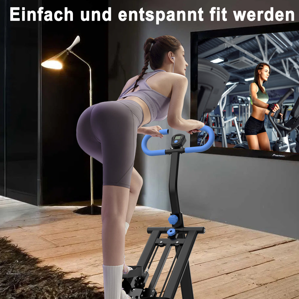 Frau trainiert auf dem Stepper im Wohnzimmer (Rückansicht).