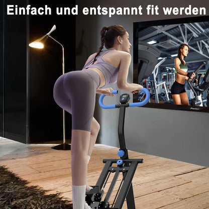 Frau trainiert auf dem Stepper im Wohnzimmer (Rückansicht).