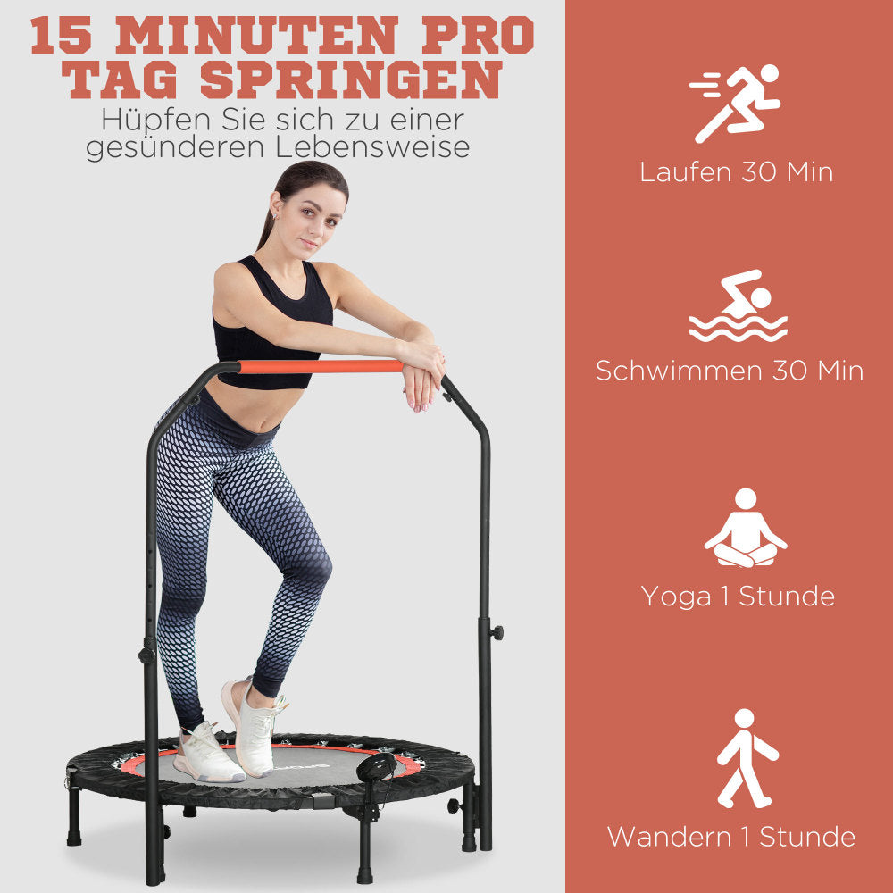Frau trainiert auf dem Trampolin; Grafik zeigt Effizienzvergleich zu Laufen, Schwimmen und Yoga.
