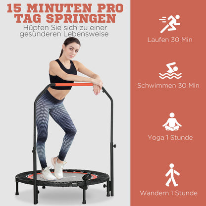 Frau trainiert auf dem Trampolin; Grafik zeigt Effizienzvergleich zu Laufen, Schwimmen und Yoga.