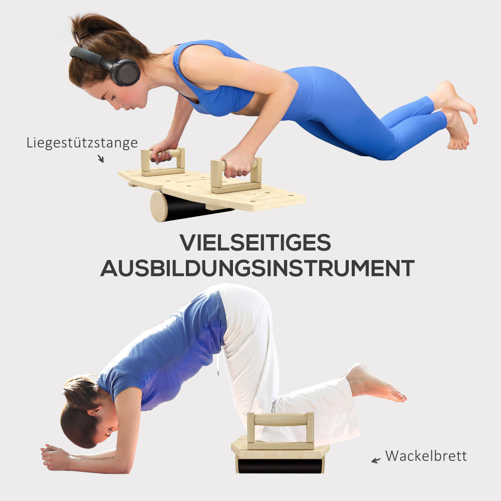 Frau zeigt verschiedene Übungen: "Vielseitiges Ausbildungsinstrument" für Liegestütze und Planks auf dem Board.