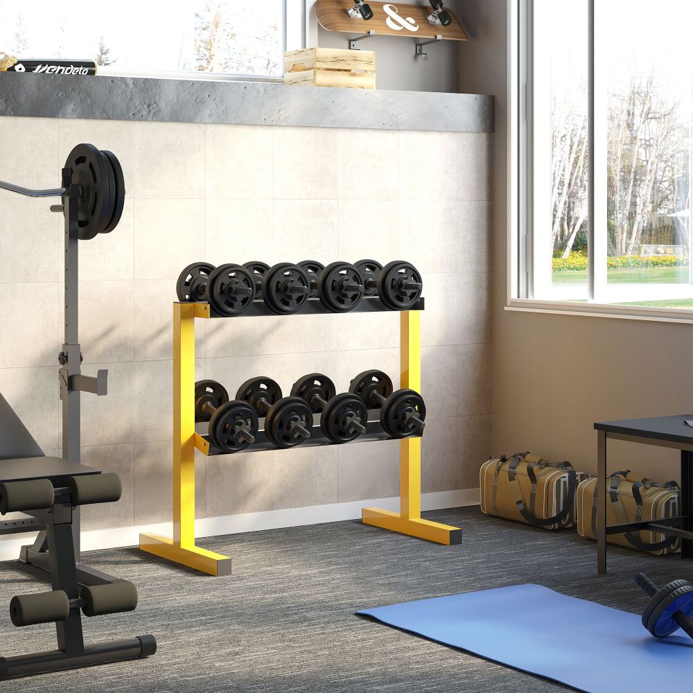 Gelb-schwarzes Hantelregal bestückt mit Kurzhanteln im Home Gym Trainingsraum.