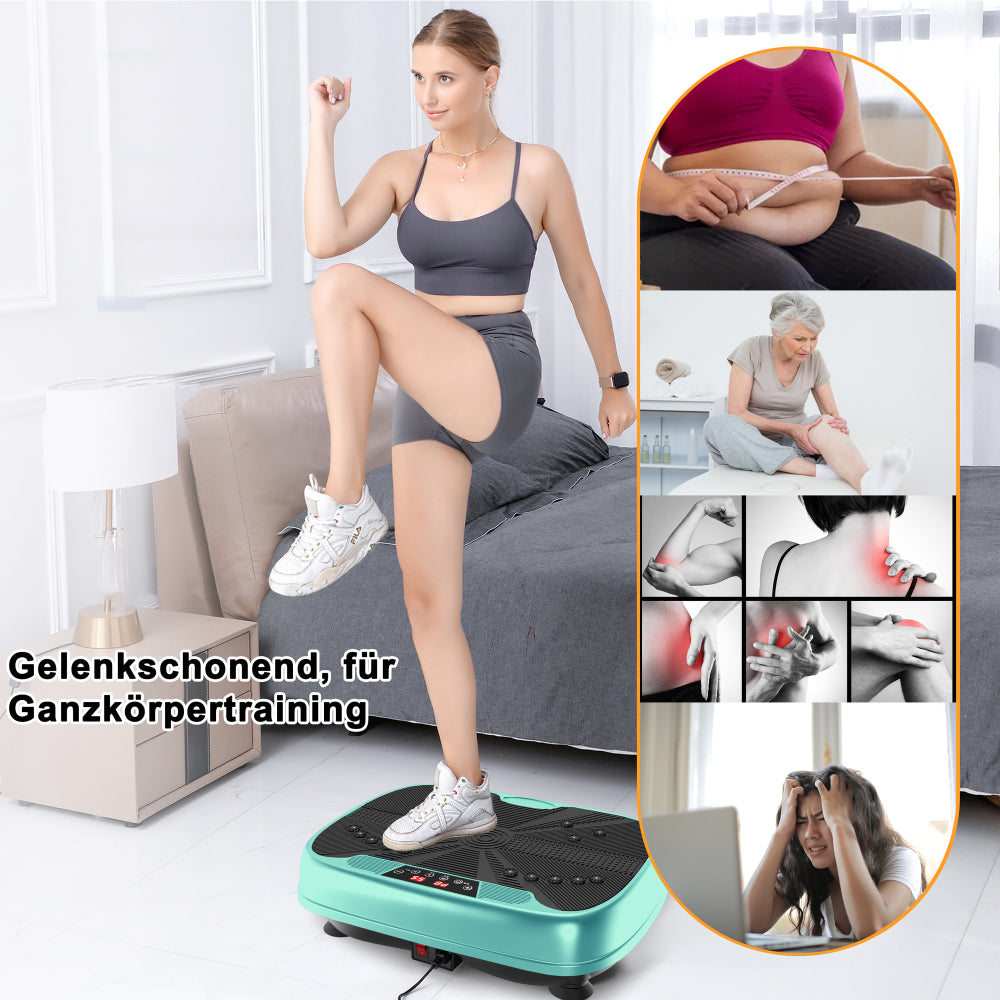 Gelenkschonendes Training: Frau beim Step-Up auf der türkisen Vibrationsplatte