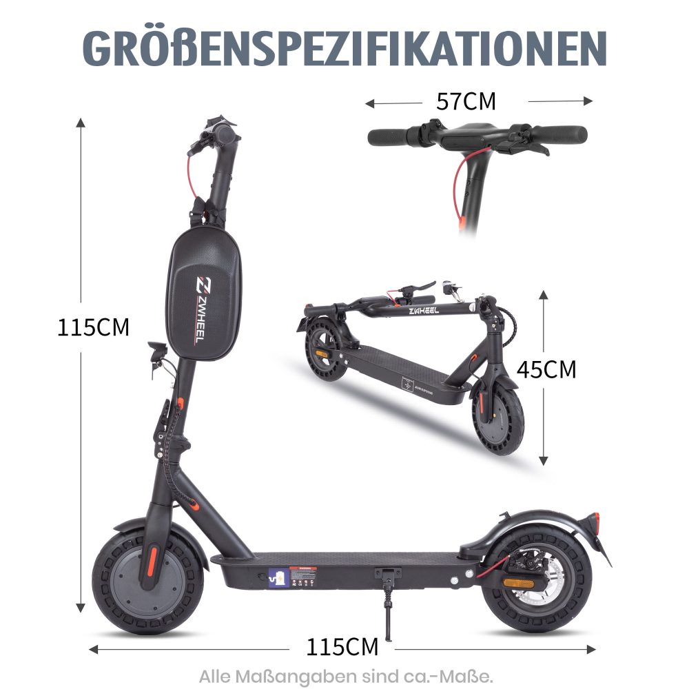 Größenspezifikationen mit Abmessungen für aufgeklappten und gefalteten Zustand.