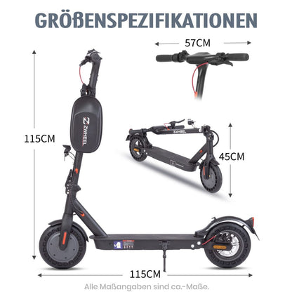 Größenspezifikationen mit Abmessungen für aufgeklappten und gefalteten Zustand.