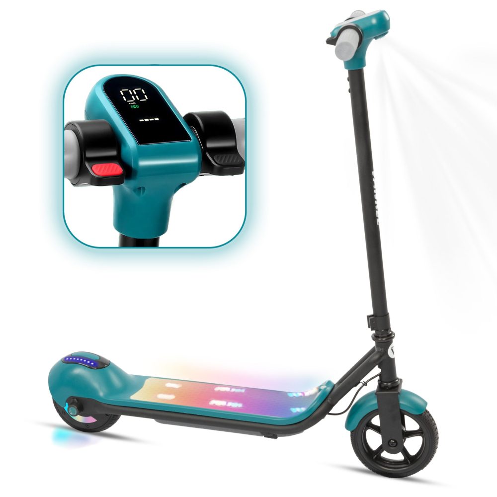 Grüner elektrischer Kinderroller mit bunter LED-Beleuchtung und Display-Vorschau.