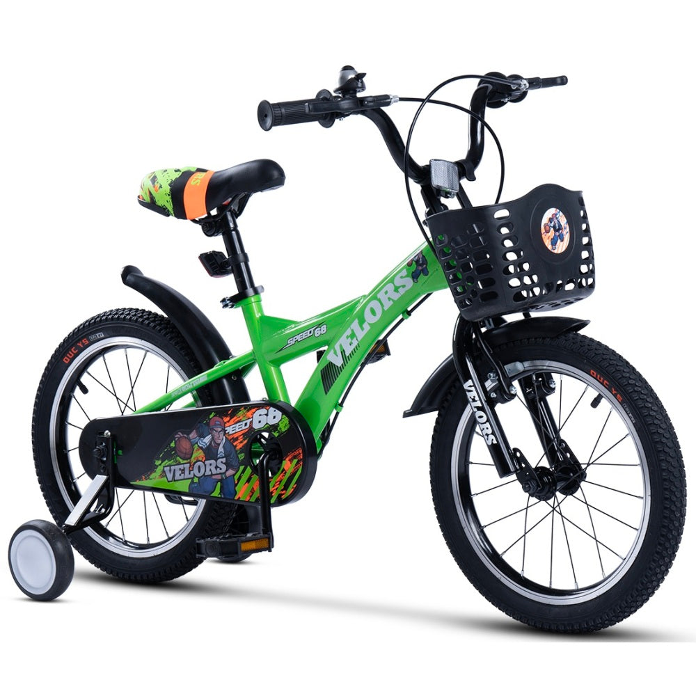 Grünes 16 Zoll Kinderfahrrad mit schwarzem Frontkorb und Stützrädern.