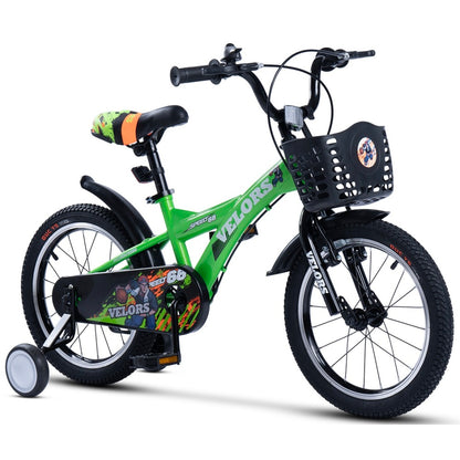 Grünes 16 Zoll Kinderfahrrad mit schwarzem Frontkorb und Stützrädern.