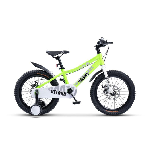 Grünes 18 Zoll Kinderfahrrad mit Stützrädern und Scheibenbremse Seitenansicht