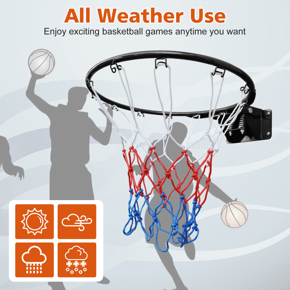 Grafik "All Weather Use" zeigt Basketballspieler im Regen und bei Sonne, passend zum wetterfesten Ring
