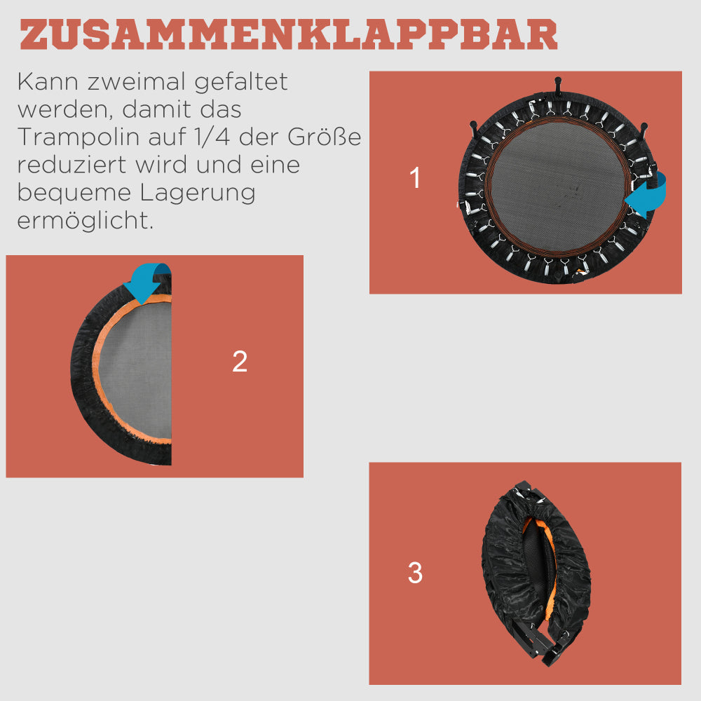 Grafik "Sicheres Workout": Zeigt stabile Federn, hochwertige PP-Sprungmatte und rutschfeste Gummifüße.