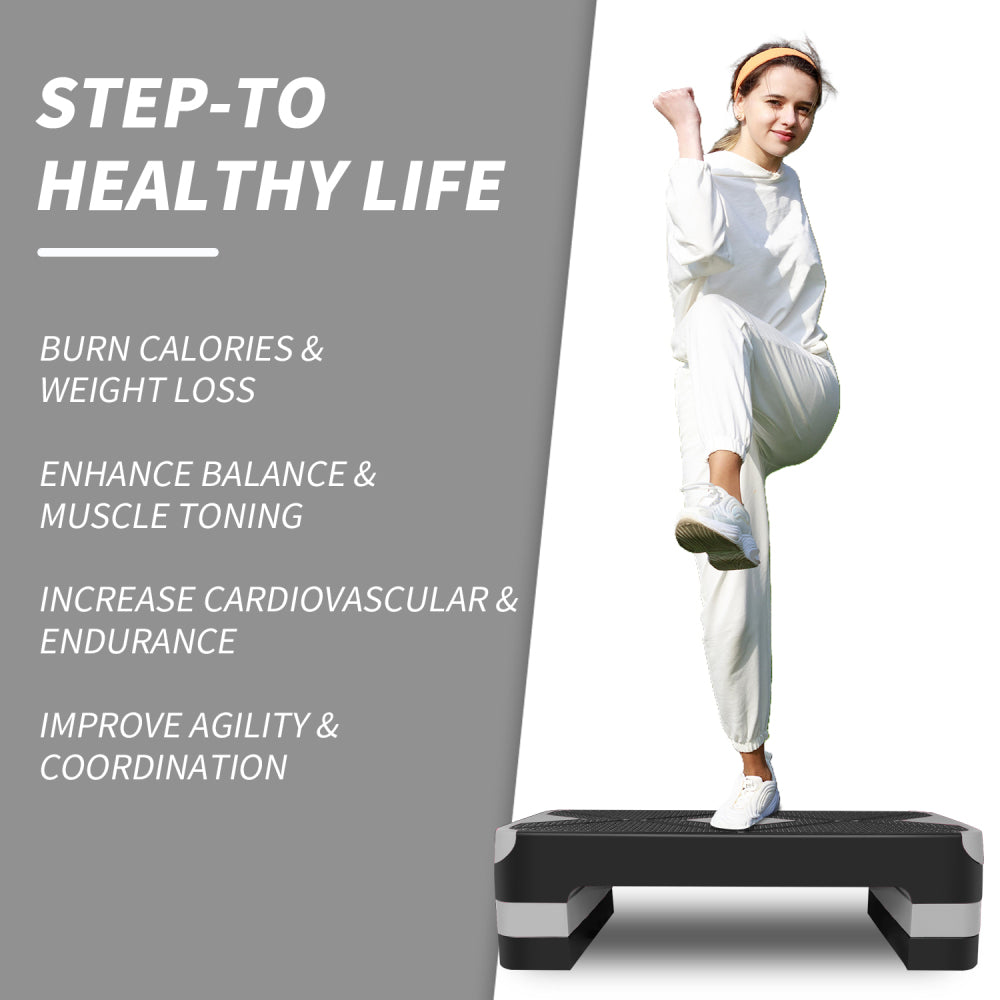 Grafik "Step to Healthy Life" mit Frau beim dynamischen Step-Up-Training.