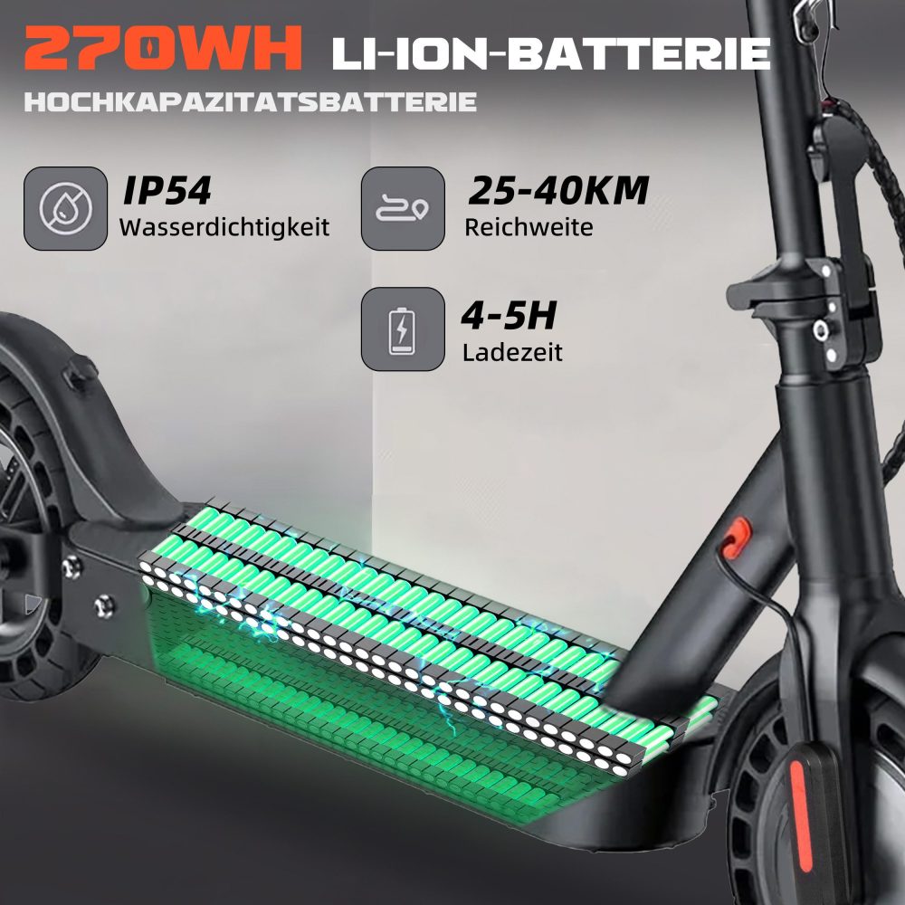 Grafik der 270Wh Li-Ion Batterie, die im Trittbrett des Scooters integriert ist.