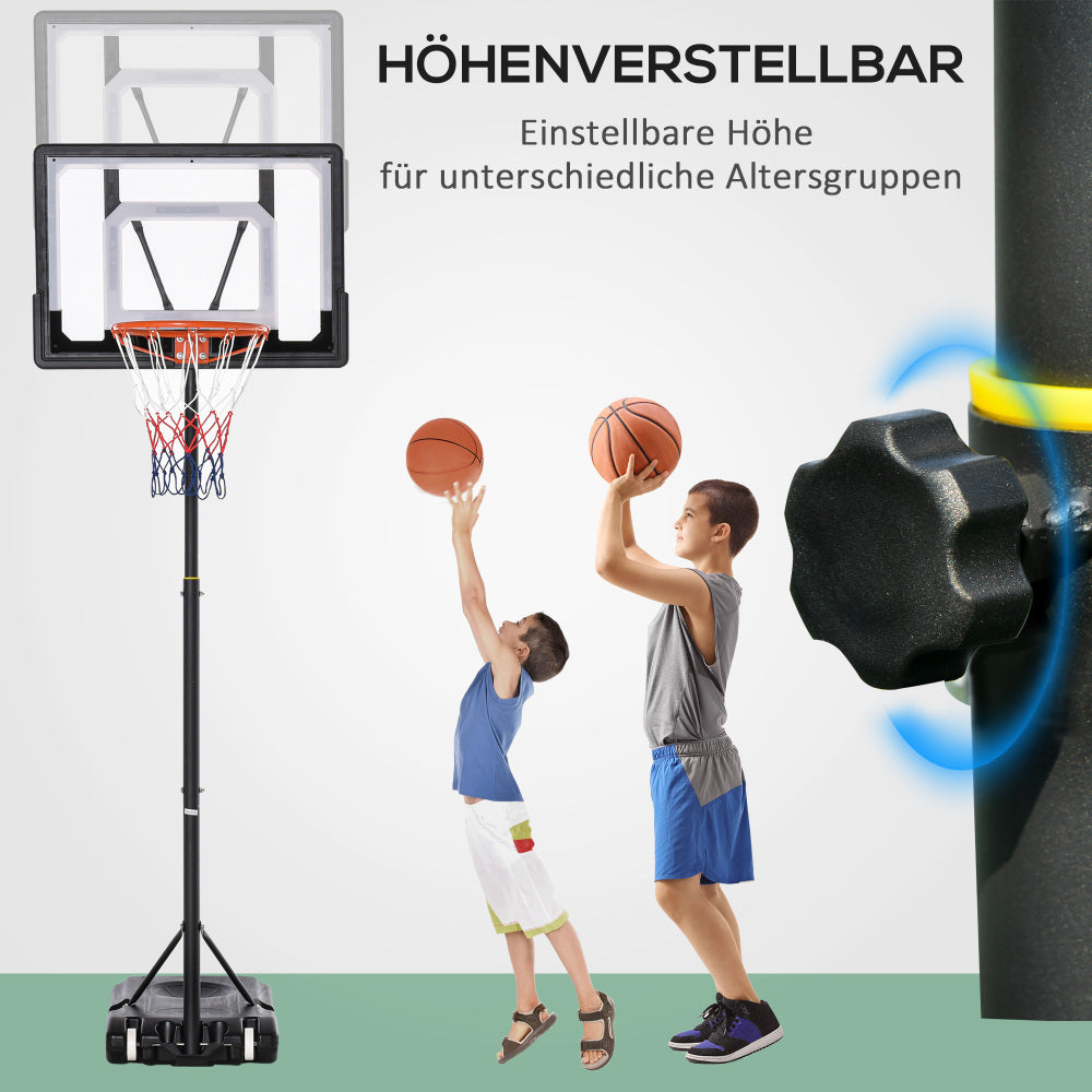 Grafik der Höhenverstellung (156-210 cm) mit Kindern unterschiedlicher Größe, bedienbar per Drehknauf.