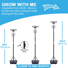 Grafik der Höhenverstellung von 259 cm bis 304 cm, zeigt Anpassung für verschiedene Altersstufen.